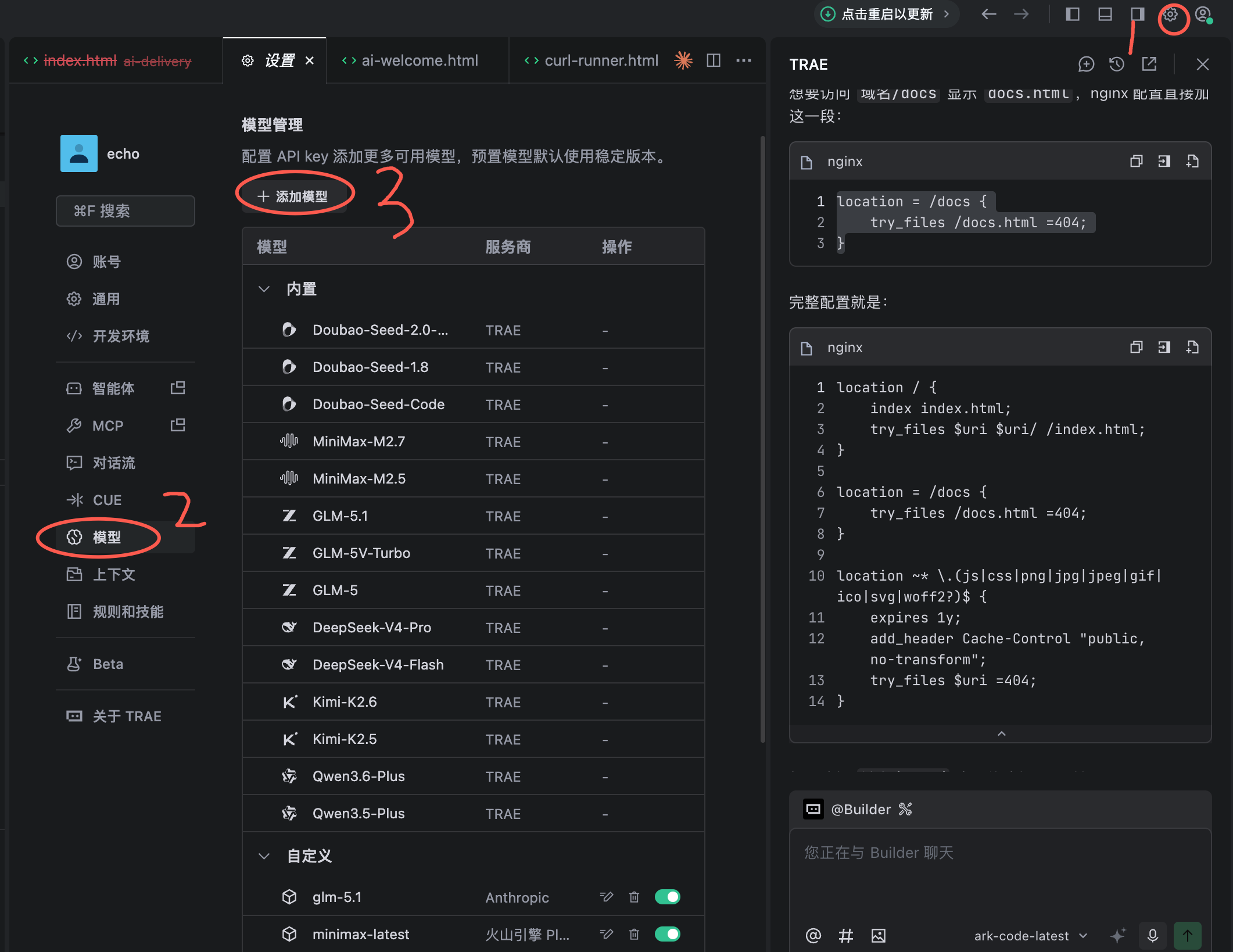 TRAE 模型管理与 Nginx 配置界面